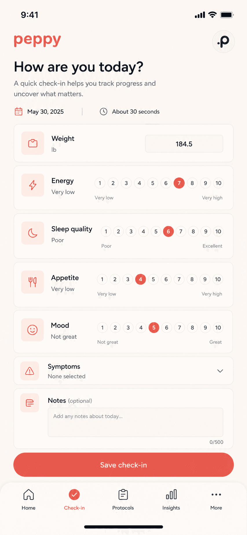 peppy check-in detail screen — daily ratings for weight, energy, sleep, appetite, and mood