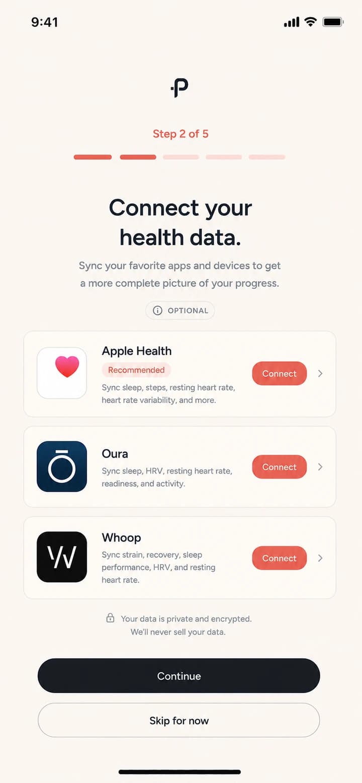 peppy connect screen — link Apple Health, Oura, and Whoop
