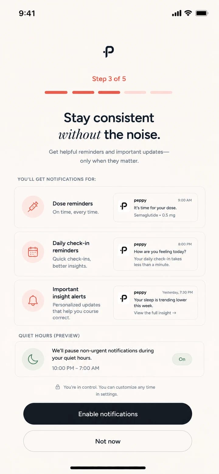 peppy notifications screen — dose reminders, check-in nudges, and quiet hours