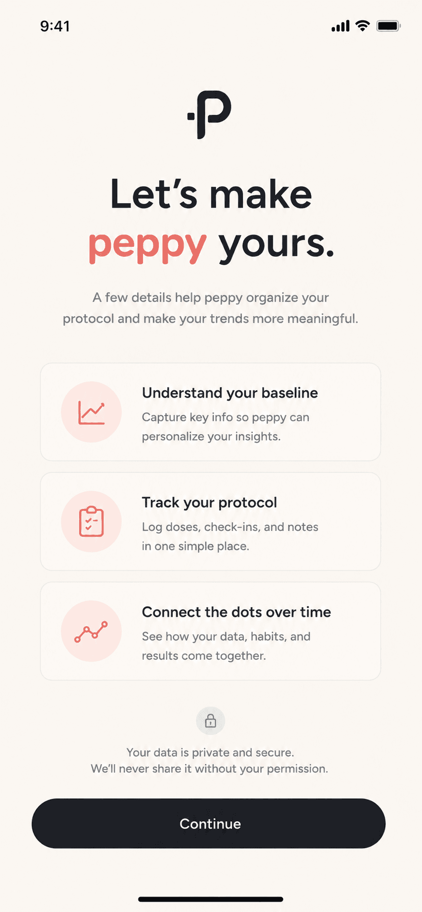 peppy guided onboarding — quick setup of protocol, reminders, and baselines