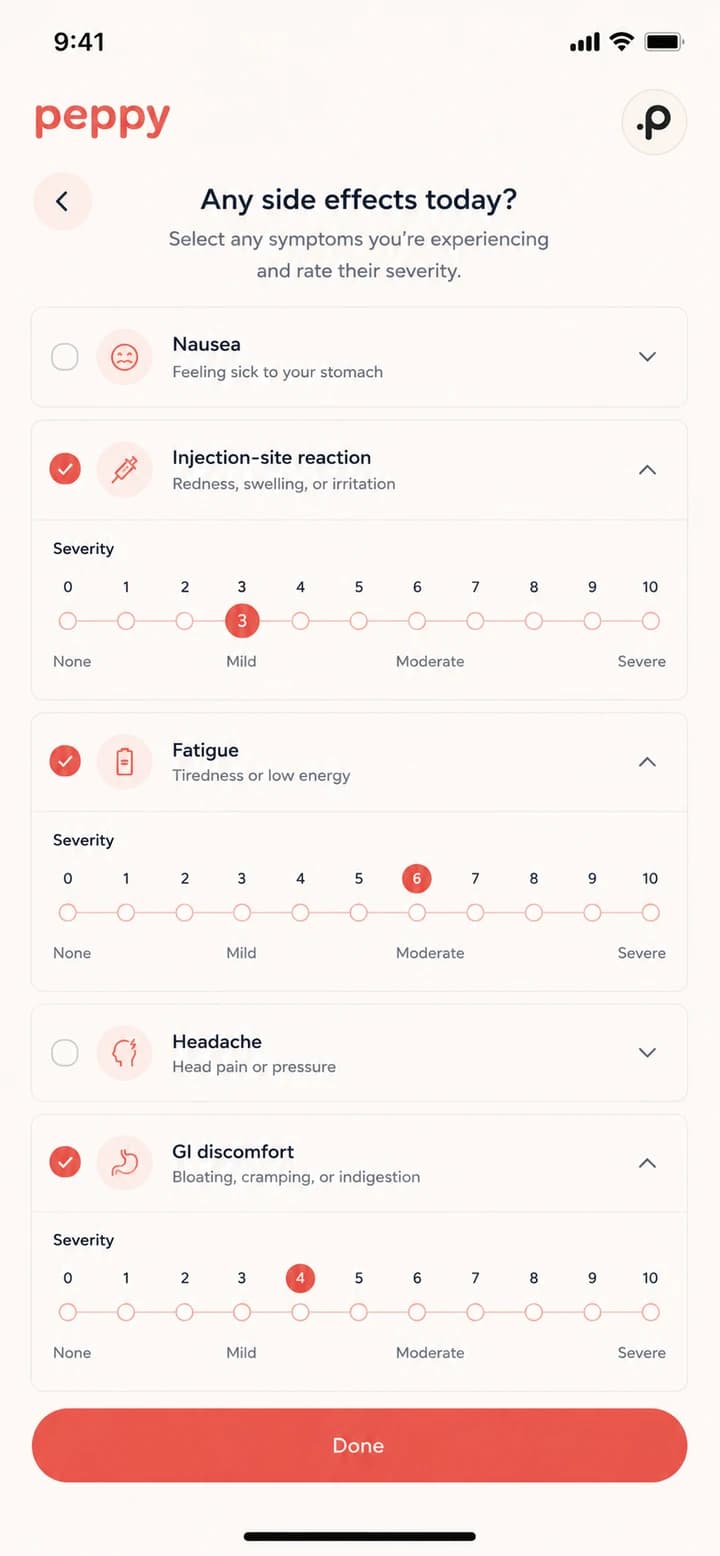 peppy side-effects screen — symptom checklist with severity sliders